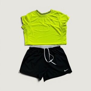 Nike Bundle Womens Dri-FIT Running Set Neon Yellow Top Black Shorts Size Medium